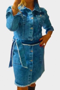 Sarafan asimetric Mera, din denim, cordon si maneca lunga, Albastru - Img 4