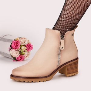 Botine Cu Toc Gros Dama Bej Cu Fermoar Uinir - Img 1