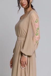 ELINDA dress in beige veil with embroidered tulle sleeve - Img 6