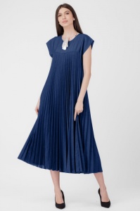 Rochie A-line lunga, plisata, bleumarin