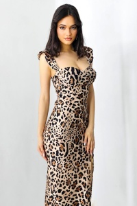 Rochie bodycon Ditsy, slit adanc si imprimeu animal print leopard, Bej, Marime S/M - Img 2