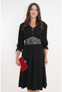 Rochie clos neagra cu cordon din satin imprimat