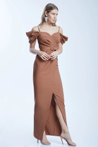 Rochie de dama eleganta lunga, maro, cu umerii goi, Sophie - Img 1