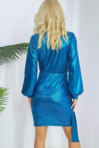 Rochie de ocazie Glena, cu aspect metalic si detaliu asimetric, Albastru, Marime S/M - Img 5