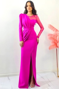 Rochie de ocazie Patricia, cu maneca lunga si detalii din tull, Fucsia - Img 3