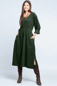 Rochie din catifea reiata verde inchis, cu elastic sub bust