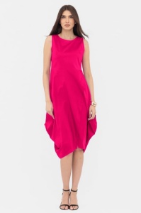 Rochie din poplin de bumbac petrecuta, cu colturi laterale, fucsia