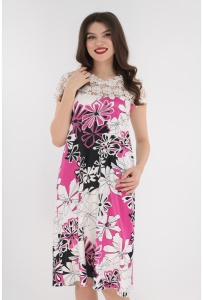 Rochie din saten cu print fucsia si dantela alba