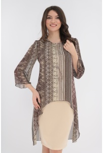 Rochie eleganta bej cu imprimeu geometric si aspect suprapus