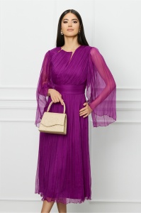 Rochie Ginette magenta din matase cu insertii din tull si strasuri la decolteu