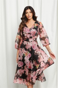 Rochie Katerina neagra cu imprimeuri roz