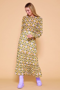 Rochie lunga cu imprimeu floral galben sofran-verde olive