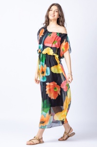 Rochie lunga, cu imprimeu floral multicolor pe fond bleumarin, din matase naturala