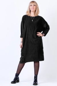 Rochie lunga din catifea reiata cu nasturi decorativi, neagra