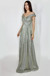 Rochie lunga Elize, cu pliuri definite si decolteu cu mansete pe umeri, Auriu olive, Marime: OneSize S/M - Img 4