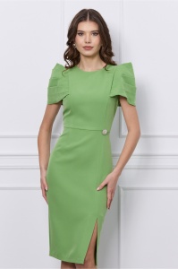 Rochie MBG verde cu umeri bufanti si aplicatie pe talie