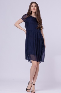 Rochie midi cu volan, din matase naturala bleumarin