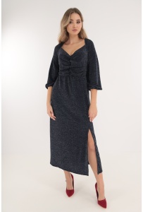 Rochie midi din lurex bleumarin cu fronseuri la bust