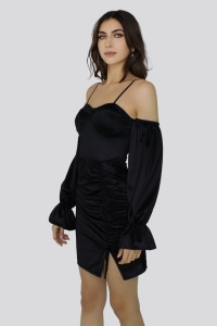 Rochie mini Roxana din satin, Negru, Marime universala S/M - Img 2