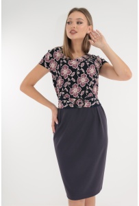 Rochie office mov cu print floral si cordon in talie