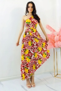Rochie plisata asimetrica Elza Print, cu decupaj in zona taliei si imprimeu cu lămâi, Rosu, Marime S/M - Img 5