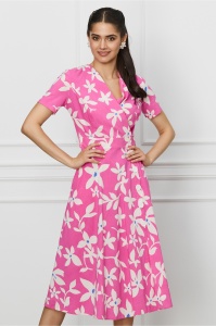 Rochie Romina fucsia cu imprimeuri florale albe