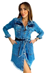 Sarafan asimetric Mera, din denim, cordon si maneca lunga, Albastru - Img 5