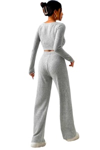 Compleu tetra Charlotte, cu bluza crop, decolteu amplu si pantaloni lejeri, Gri - Img 7