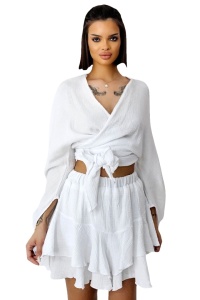 Compleu Wichita, camasa, legare sub bust si fusta pantaloni croi scurt, Alb, Marime S/M/L - Img 6