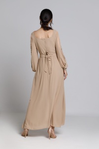 ELINDA dress in beige veil with embroidered tulle sleeve - Img 7