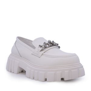 Pantofi tip loafer femei Benvenuti albi din piele cu lanț deco 3747DP501A - Img 2