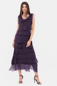 Rochie bleumarin din matase naturala cu volane franjurate suprapuse, fara maneci
