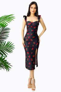Rochie bodycon Ditsy, slit adanc si imprimeu cu cirese, Negru, Marime S/M - Img 1