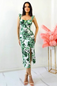 Rochie bodycon Ditsy, sliț adanc si imprimeu jungle, Verde, Marime S/M - Img 1