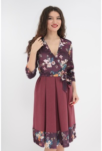 Rochie bordo cu print floral si pliuri