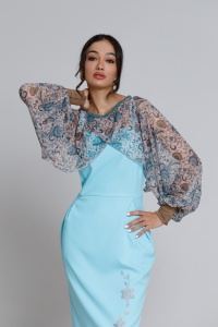 Rochie CLARE bleu cu broderie florală