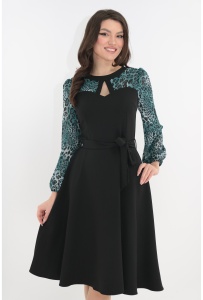 Rochie cocktail neagra cu maneci din voal si cordon in talie