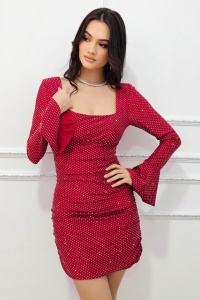 Rochie de evenimente Faylin, cu pietre si spatele gol, Rosu, Marime S/M - Img 4