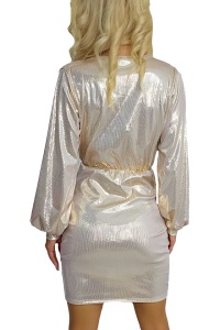 Rochie de ocazie Glena, cu aspect metalic si detaliu asimetric, Crem, Marime S/M - Img 7