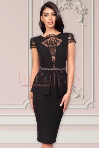 Rochie de ocazie MBG neagra din stofa cu decolteu transparent si strasuri in talie