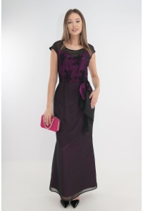 Rochie de seara din voal negru si saten ciclamen