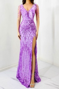 Rochie de seara Lady Margo, cu pene, paiete si decolteu adanc cu tull, Mov - Img 4