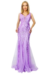 Rochie de seara, tip sirena, Fabyola, cu paiete si insertii din voal, Mov - Img 6