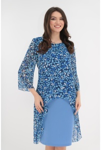 Rochie eleganta albastra cu imprimeu floral si aspect suprapus