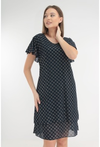 Rochie eleganta bleumarin cu voaluri suprapuse si cerculete aurii