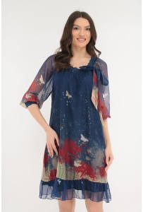 Rochie eleganta evazata din voal albastru cu print abstract rosu