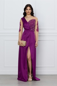 Rochie Ella Collection Ariana mov lunga cu broderie florala