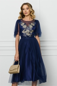 Rochie Gina bleumarin din tull cu broderie pe bust