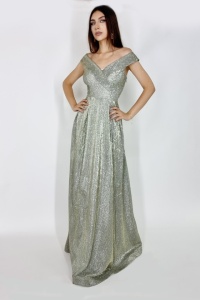 Rochie lunga Elize, cu pliuri definite si decolteu cu mansete pe umeri, Auriu olive, Marime: OneSize S/M - Img 1