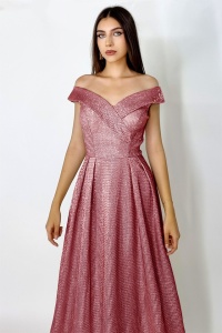 Rochie lunga Elize, cu pliuri definite si decolteu cu mansete pe umeri, Rosu, Marime universala S/M - Img 3